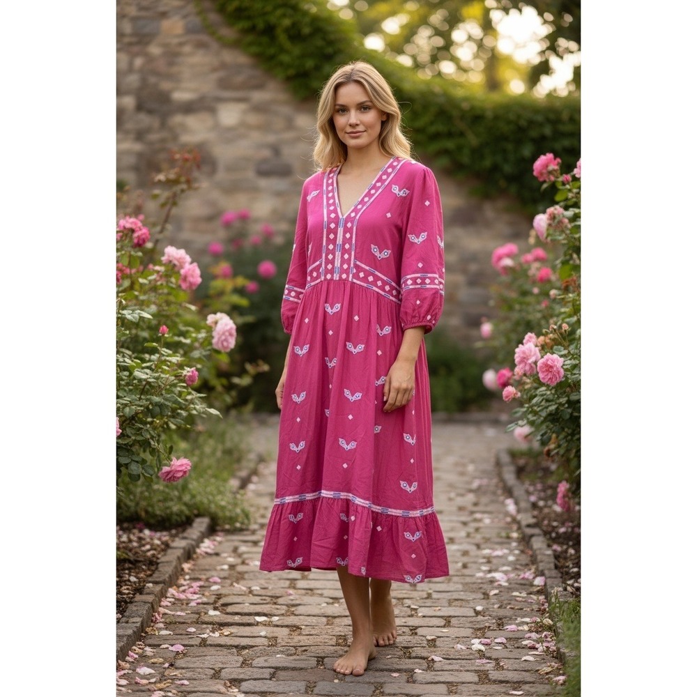 ba&sh Java Midi Dress Size L Fuchsia Excellent Embroidered Boho V-Neck 1E22JAVA